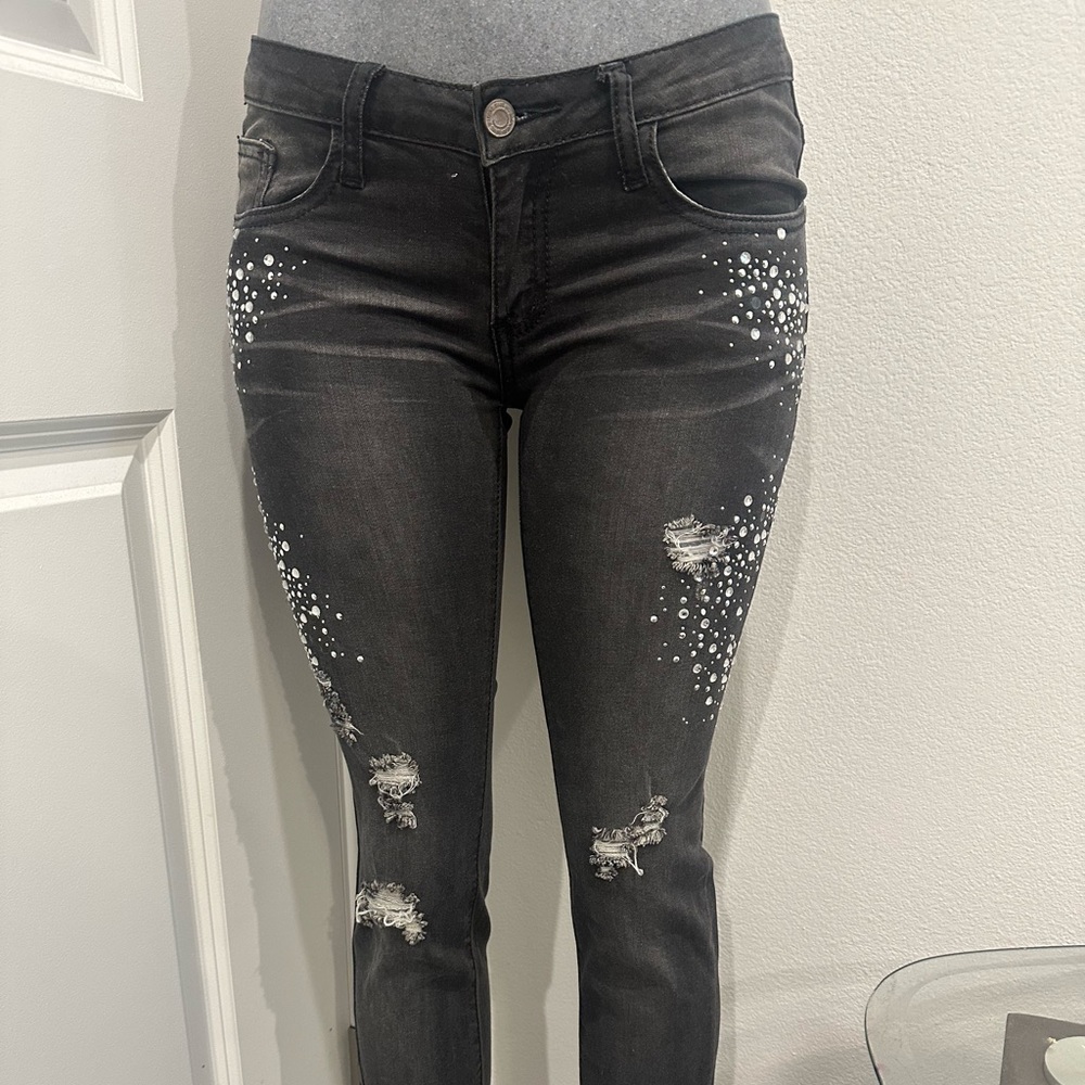 Black Skinny Jeans with Distressed Rhinestone Details